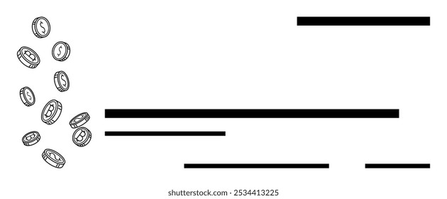 Las monedas caen y se dispersan con múltiples líneas negras. Ideal para finanzas, inversiones, economía, ahorro y riqueza. Diseño minimalista en blanco y negro