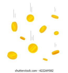 Coins falling vector illustration, falling money, flying gold coins, abstract coins dropping golden rain concept modern flat cartoon design isolated on white background