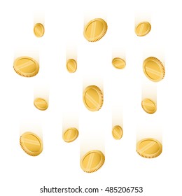 Coins falling vector illustration, falling money, flying gold coins, abstract coins dropping golden rain concept modern flat cartoon design isolated on white background