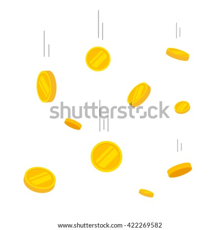 Coins falling vector illustration, falling money, flying gold coins, abstract coins dropping golden rain concept modern flat cartoon design isolated on white background