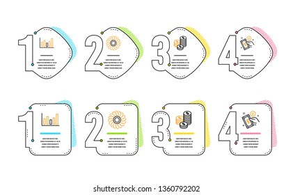 Coins, Fan engine and Column chart icons simple set. Payment method sign. Cash money, Ventilator, Financial graph. Give money. Finance set. Infographic timeline. Line coins icon. 4 options or steps