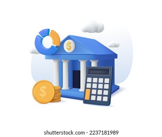 Coins, Financial Graphs Near Government Finance Department or Tax Office Column Building. Public Finance Audit Concept. 3D render Vector Illustration. Online banking, bank icon, finance calculation