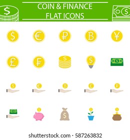 Coins flat pictograms package, finance symbols collection, business vector sketches, logo illustrations, economy colorful solid icon set isolated on white background, eps 10.
