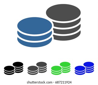 Coins flat vector pictogram. Colored coins gray, black, blue, green pictogram variants. Flat icon style for web design.