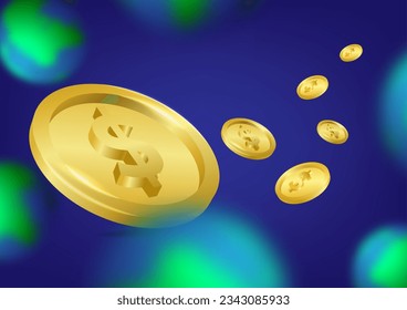 Monedas flotando sobre un fondo azul de tierra borrosa fondo