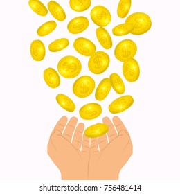 Coins flow falling to hands from above. Profit making concept. Lottery win falling dollars to palms background. Cash flying rain. Vector illustration.
