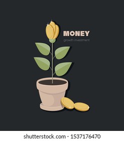 Coins flowers potted. Money bud flower. Money tree with coins growing in flower pot. Money flower and financial growing concept, economic or market growth, investment revenue, benefit. 