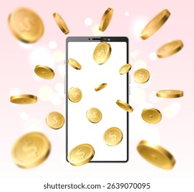 Coins fly out of cell phone screen. Investment success. Smartphone blank display. Gold money motion. 3D mobile touchscreen. Lottery winning. Financial profit. Victory