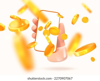 Coins flying from the mobile screen. 3d. Phone in hand. Win or win. Falling coins, money. Vector illustration