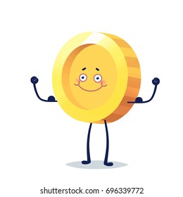 Coins for the game interface. Cartoon coin for web, game or application interfaces. Modern vector illustration game art and apps. Dollar. Happy emotion, joy. Mascot shows strength and biceps