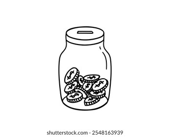 Moedas em uma jarra de vidro, desenhado à mão ilustração de arte de linha de um pote de poupança em estilo simples de doodle. Caridade, filantropia, voluntário, adesivo de caixa de dinheiro, isolado no fundo branco