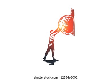 Coins, gold, money, success, cash concept. Hand drawn man put coin in moneybox concept sketch. Isolated vector illustration.