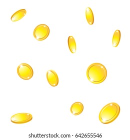 Coins golden falling vector illustration, falling money, isolated on white background, flying gold coins