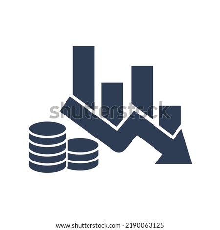 Coins and graph with down arrow. Financial downturn. Vector linear icon isolated on white background.