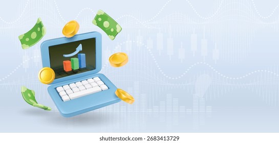 Coins, growth chart with increasing arrow and laptop. Finance, capital and money increase concept. 3d vector icon. Cartoon minimal style.