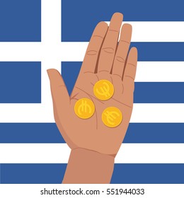 Coins in hand. Euro currency on Greek flag. Flat vector stock illustration