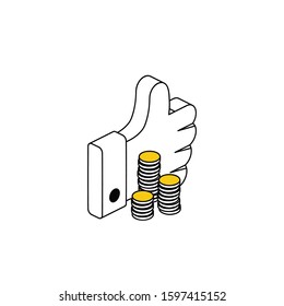 Coins hand finger up. Vector line, 3d stroke isometric, color web icon, new flat style. Creative illustration design, abstract idea for infographics.