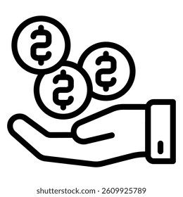 Coins at hand line icon, savings concept. Vector graphics. Bank deposit, money sign on white background, style mobile or design
