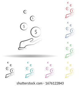 Coins in hand multi color set icon. Simple thin line, outline vector of business and management icons for ui and ux, website or mobile application