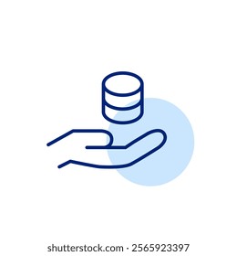 Coins in hand. Personal finances management. Pixel perfect, editable stroke icon