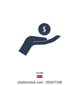 coins in hand, web icon. vector design