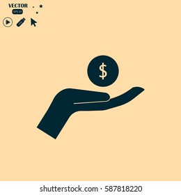 coins in hand, web icon. vector design