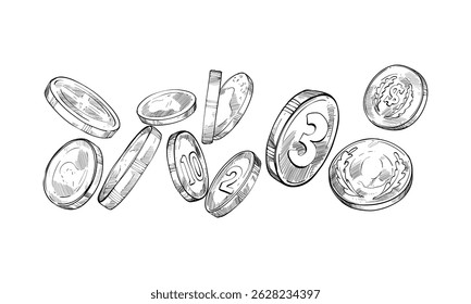 coins handdrawn engraving doodle collection
