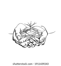 Coins in hands. Concept saving money.Graphic drawing sketch. Vector