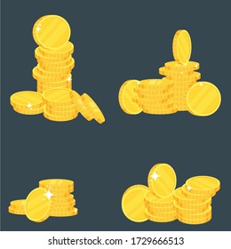 Coins. Heap of gold dollars. Coins stack. Financial gain, income. Salary and savings. Bank loan and deposit, investment. Flat vector cartoon illustration isolated on dark background.