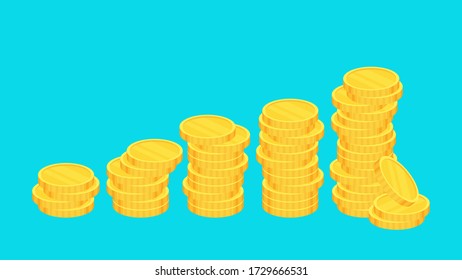 Coins. Heap of gold dollars. Coins stack. Financial gain, income. Salary and savings. Bank loan and deposit, investment. Flat vector cartoon illustration isolated on blue background.