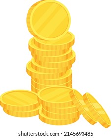 Coins. Heap of golden dollars. Money stack. Financial gain, income. Salary and savings. Bank loan and deposit, investment. Flat vector cartoon illustration isolated on dark background.
