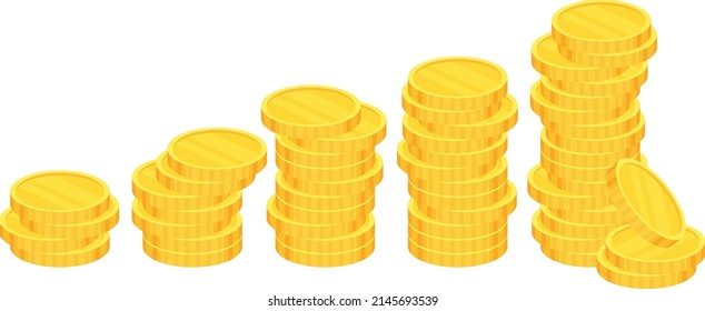 Coins. Heap of golden dollars. Money stack. Financial gain, income. Salary and savings. Bank loan and deposit, investment. Flat vector cartoon illustration isolated on dark background.