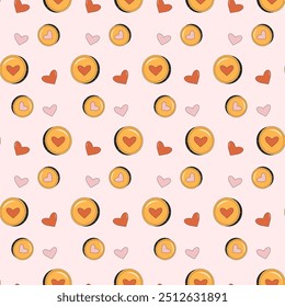 Coins and heart shapes seamless pattern. Charity repeat background. Vector outline illustration.