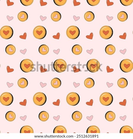 Coins and heart shapes seamless pattern. Charity repeat background. Vector outline illustration.