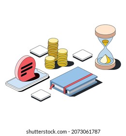 Coins and hourglass, mobile smartphone chat bubble, notebook. Vector 3d sketch line isometric style, color icon illustration. Creative design idea and infographics elements.