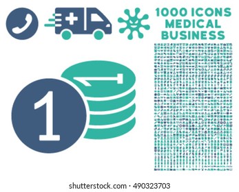 Coins icon with 1000 medical business cobalt and cyan vector pictographs. Set style is flat bicolor symbols, white background.