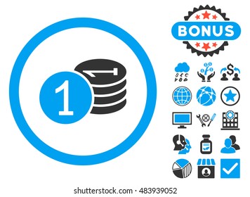 Coins icon with bonus design elements. Vector illustration style is flat iconic bicolor symbols, blue and gray colors, white background.