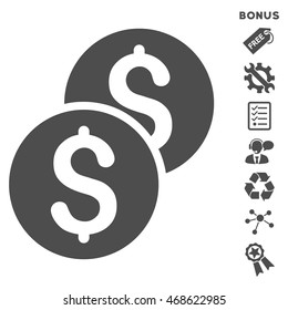 Coins icon with bonus pictograms. Vector illustration style is flat iconic symbols, gray color, white background, rounded angles.