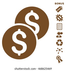 Coins icon with bonus pictograms. Vector illustration style is flat iconic symbols, brown color, white background, rounded angles.