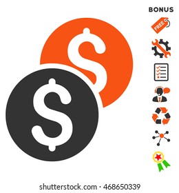 Coins icon with bonus pictograms. Vector illustration style is flat iconic bicolor symbols, orange and gray colors, white background, rounded angles.