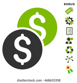 Coins icon with bonus pictograms. Vector illustration style is flat iconic bicolor symbols, eco green and gray colors, white background, rounded angles.