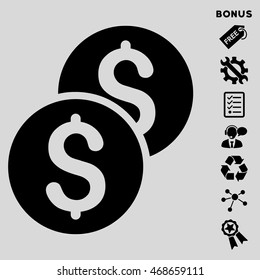 Coins icon with bonus pictograms. Vector illustration style is flat iconic symbols, black color, light gray background, rounded angles.