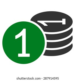 Coins icon from Business Bicolor Set. This flat vector symbol uses green and gray colors, rounded angles, and isolated on a white background.