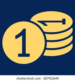Coins icon from Business Bicolor Set. This flat vector symbol uses yellow color, rounded angles, and isolated on a blue background.