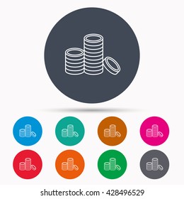 Coins icon. Cash money sign. Bank finance symbol. Icons in colour circle buttons. Vector