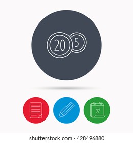 Coins icon. Cash money sign. Bank finance symbol. Twenty and five cents. Calendar, pencil or edit and document file signs. Vector
