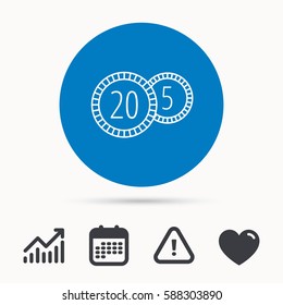 Coins icon. Cash money sign. Bank finance symbol. Twenty and five cents. Calendar, attention sign and growth chart. Button with web icon. Vector