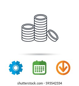 Coins icon. Cash money sign. Bank finance symbol. Calendar, cogwheel and download arrow signs. Colored flat web icons. Vector