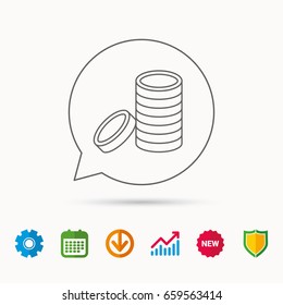 Coins icon. Cash money sign. Bank finance symbol. Calendar, Graph chart and Cogwheel signs. Download and Shield web icons. Vector
