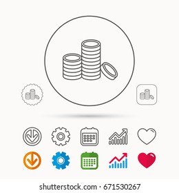 Coins icon. Cash money sign. Bank finance symbol. Calendar, Graph chart and Cogwheel signs. Download and Heart love linear web icons. Vector